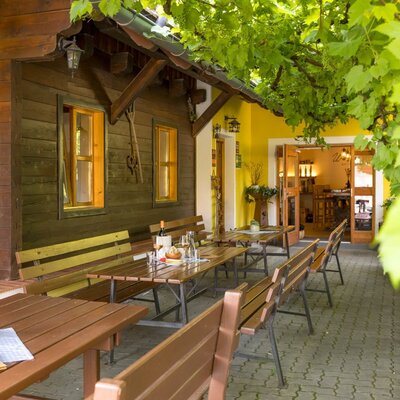 Schattige Weinlaube vom Weingut & Buschenschank Pölzl in der Südsteiermark, Großklein