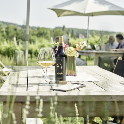 Sitzbereich im Freien mit einem Glas Wein und Blick auf die Weinberge des Hofs.