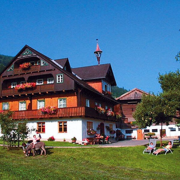 Der Bauernhof mit traditioneller Bauweise, blumengeschmückten Balkonen und einer großen Grünfläche mit Liegestühlen und einem Esel.