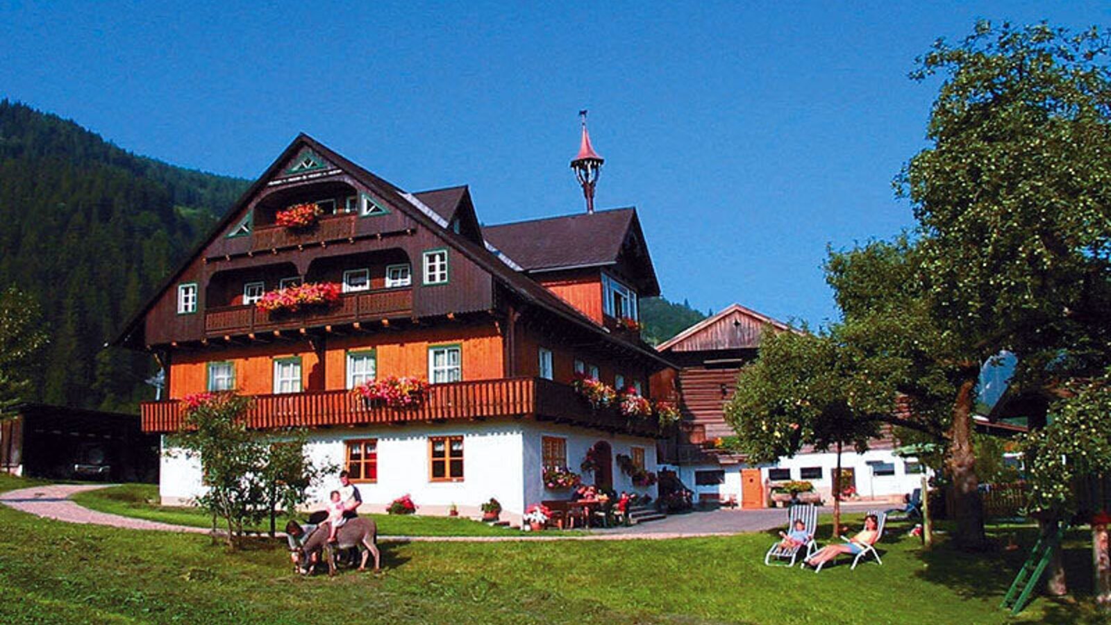 Der Bauernhof mit traditioneller Bauweise, blumengeschmückten Balkonen und einer großen Grünfläche mit Liegestühlen und einem Esel.