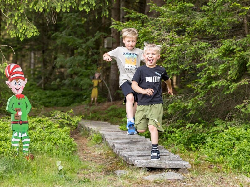 Der einladende Natur- und Waldlehrpfad des Bauernhofs bietet spielerische Entdeckungen für Kinder.