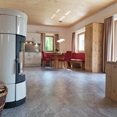 Der helle Wohnbereich des Appartements mit einem modernen Kaminofen, Holzausstattung und einer gemütlichen Essecke.