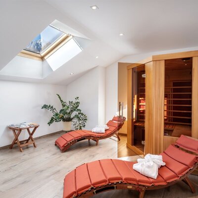 Der einladende Wellnessbereich des Bauernhofs bietet eine Holzsauna, bequeme Ruheliegen und viel natürliches Licht durch ein Dachfenster.