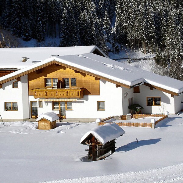 Der Bauernhof im Winter mit schneebedeckten Dächern, Holzfassade, Balkon und einer Schaukel im verschneiten Garten, umgeben von Wald.