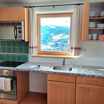 Die Küche der Alm ist mit einem Backofen, einem Kochfeld, einer Mikrowelle, einer Spüle und Geschirrschränken ausgestattet und bietet einen Bergblick aus dem Fenster.