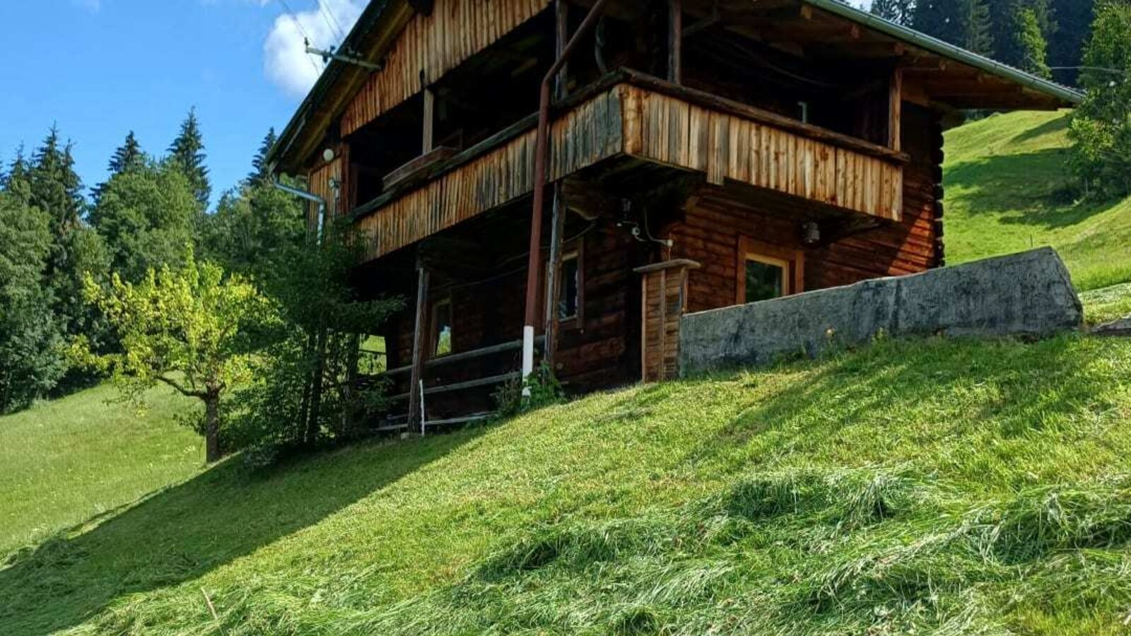 Die urige Alm liegt auf einem sonnigen Grashang, umgeben von grünen Wäldern unter blauem Himmel.