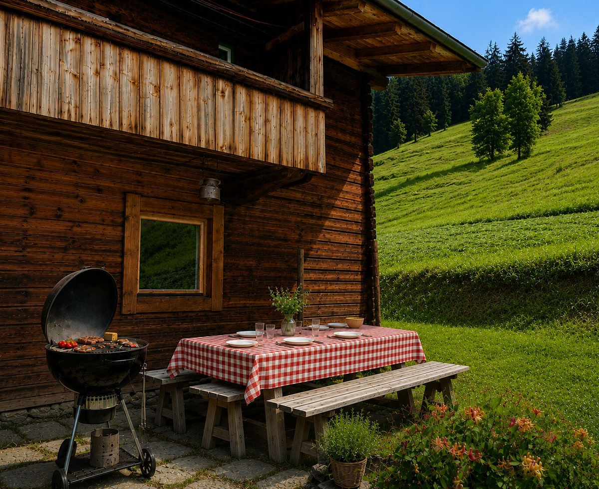 Die einladende Terrasse der Hütte mit einem Grill und einem gedeckten Holztisch vor einer idyllischen Bergwiese.