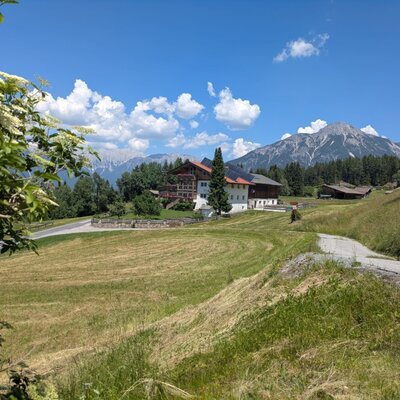 Der Bauernhof in einer ländlichen Umgebung mit weiten Wiesen und Bergblick.