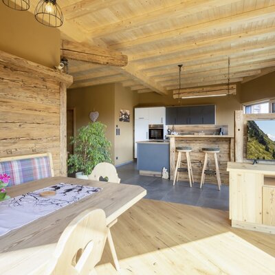 Der offene Wohnbereich des Bauernhofs verfügt über einen Esstisch mit Sitzbank, eine Küche mit Theke und Barhockern sowie einen Fernseher auf einem Holzmöbel.