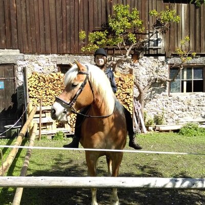 Eine Person auf einem Pferd vor dem Almgebäude mit Stein- und Holzfassade und gestapeltem Brennholz.