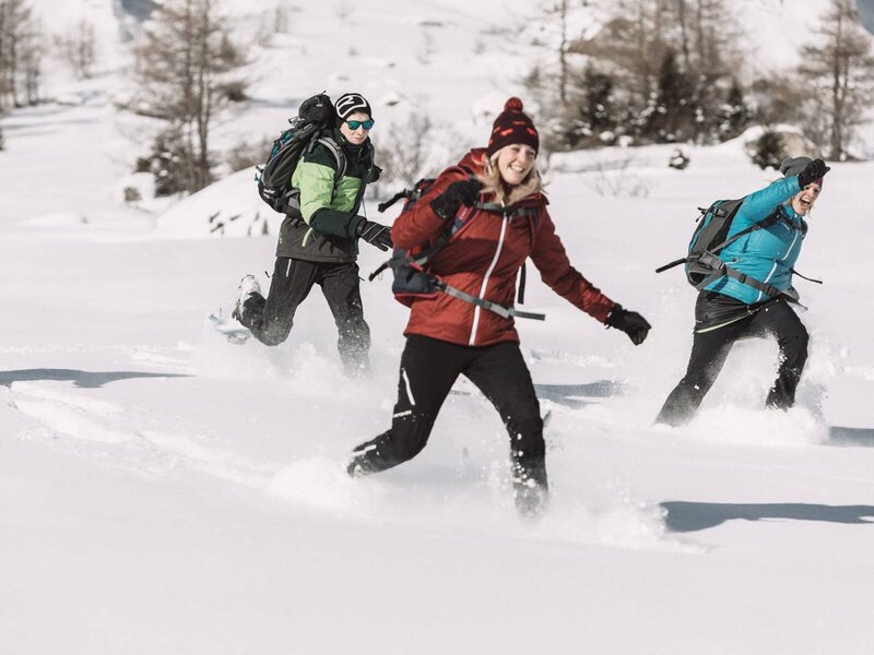Drei Personen beim Schneeschuhwandern in einer verschneiten Berglandschaft, eine Aktivität, die Gäste in der Nähe des Bauernhofs genießen können.