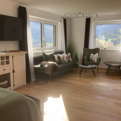 Ein sonnendurchfluteter Wohnbereich im Bed and Breakfast mit gemütlichen Sitzgelegenheiten, einem Flachbild-TV und malerischem Bergblick durch große Fenster.