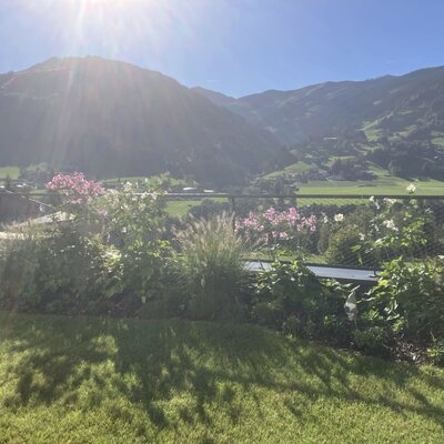 Der sonnige Garten des Bed and Breakfasts mit einer gepflegten Rasenfläche und malerischem Bergblick.