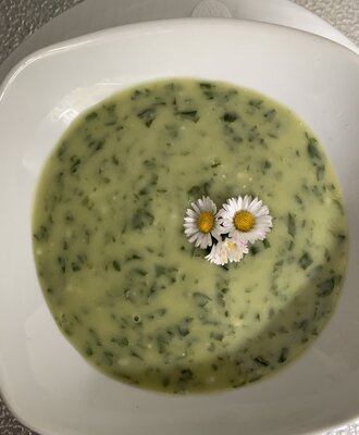 Eine Schale grüne Suppe, garniert mit Gänseblümchen, serviert im Bauernhof.