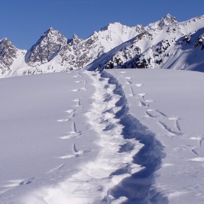 Schneebedeckter Pfad in der winterlichen Berglandschaft rund um den Bauernhof.