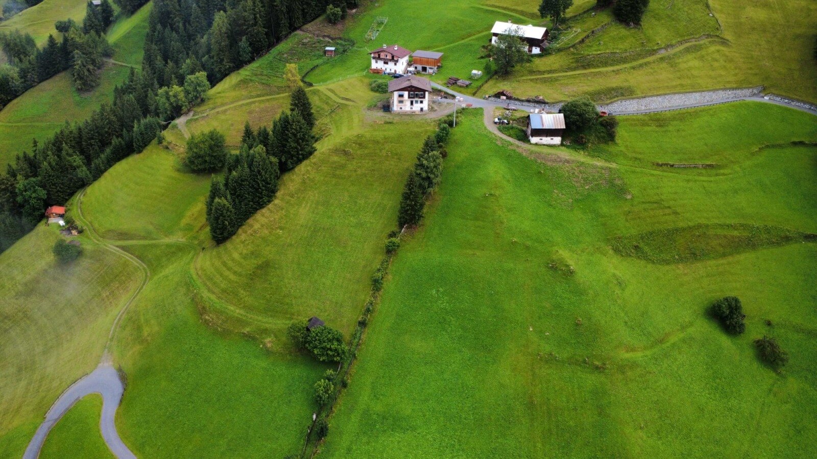 Eine Luftaufnahme der Appartements inmitten von saftig grünen Berghängen und dichten Nadelwäldern.