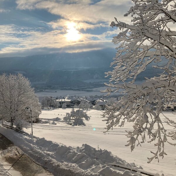 Blick auf die verschneite Winterlandschaft des Bauernhofs mit Bäumen und Bergen im Hintergrund.