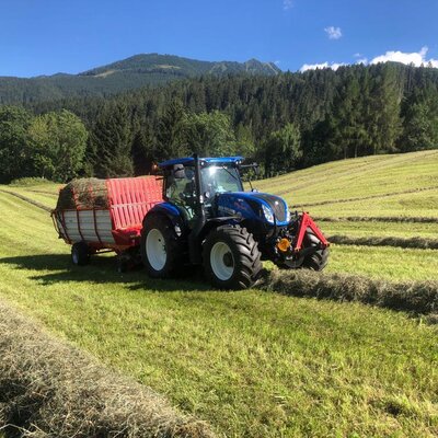 Ein blauer Traktor bei der Heuernte auf einem Feld, umgeben von Bergen und Wäldern, in der ländlichen Umgebung der Ap­par­te­ments.