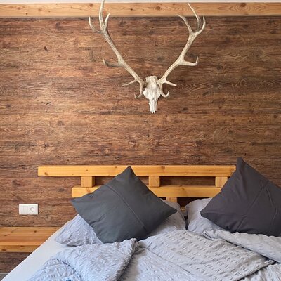 Schlafzimmer im Bauernhof mit Holzwand, Bett mit Holz-Kopfteil und Geweih-Dekoration.