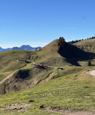 Die Alm in der grünen Hügellandschaft mit Blick auf die Berge.