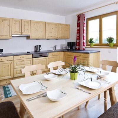 Einbauküche Fichte massiv mit E-Herd, Kühlschrank, Backrohr, Mikro, Kaffeemaschine, Toaster, Geschirrspüler, Wasserkocher, Allesschneider; ausreichend Geschirr und Gläser