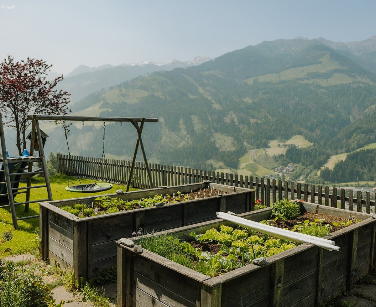 Hochbeete mit frischen Pflanzen und ein Kinderspielplatz auf dem Bauernhof mit Bergblick.