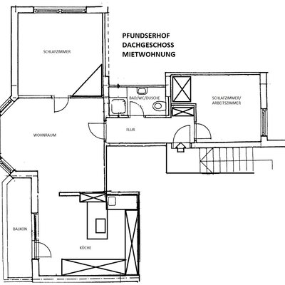 Grundriss der Dachwohnung mit zwei Schlafzimmern, Wohnraum, Küche, Bad und Balkon.