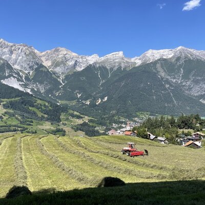 Ein gemähtes Feld des Bauernhofs mit Traktor, Bergpanorama und einem Dorf im Hintergrund.
