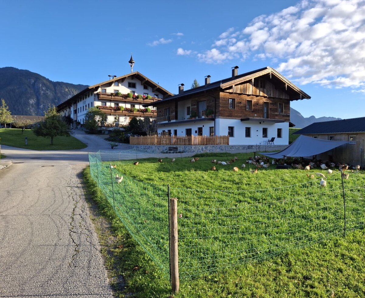 Die Gebäude des Bauernhofs, inklusive des Zuahauses und des Ferienheims, eingebettet in grüne Wiesen mit freilaufenden Hühnern.
