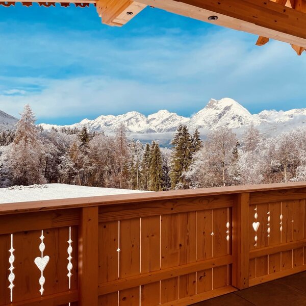 Malerischer Ausblick auf verschneite Wälder und die winterliche Bergkulisse.