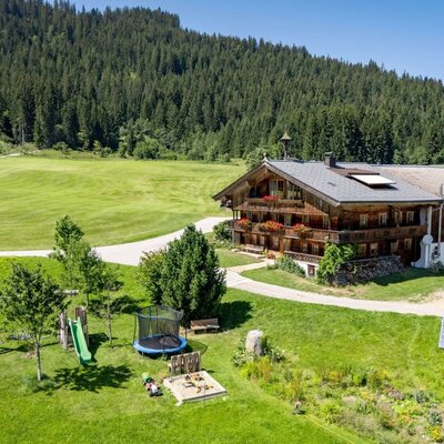 Das idyllische Bauernhaus mit einem weitläufigen, grünen Garten samt Kinderspielplatz vor einer dichten Waldkulisse.