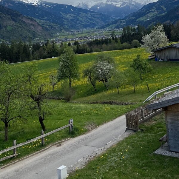 Die Gebäude des Bauernhofs inmitten grüner Wiesen mit Blick auf das Tal und die Berge.
