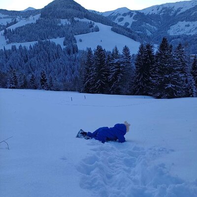 Ein winterlicher Hang direkt am Bauernhof mit tiefem Schnee und herrlicher Aussicht auf die verschneiten Berge.