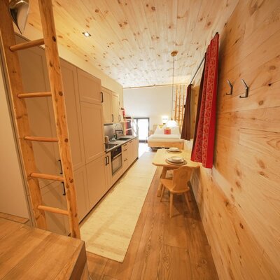 Wohn- und Schlafbereich im Bauernhof mit integrierter Küche, Esstisch und Leiter zum Hochbett.