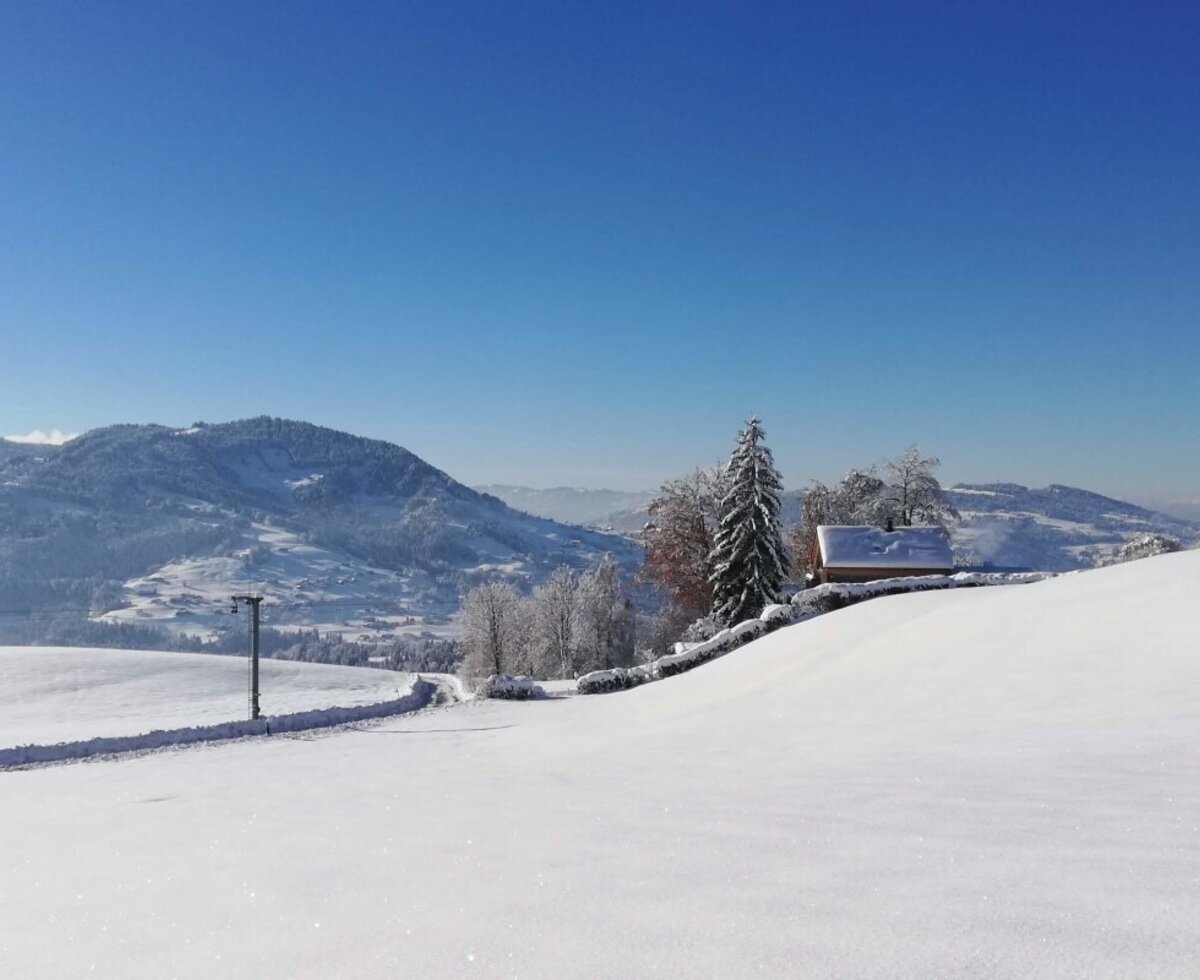 Die verschneite Winterlandschaft vom Hof in Alleinlage mit Bergen im Hintergrund, einem Gebäude und einer Skiliftstange.