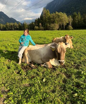 Kind streichelt eine Kuh auf der Wiese des Bauernhofs, mit weiteren Kühen und Bergen im Hintergrund.
