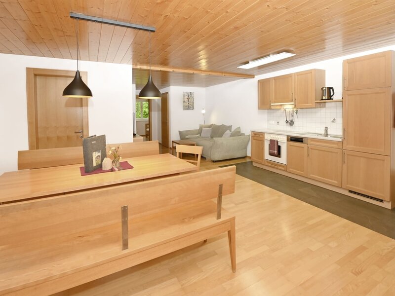 Der offene Wohnbereich der Ferienwohnung mit Essbereich, voll ausgestatteter Küche und Wohnzimmer mit Sofa.