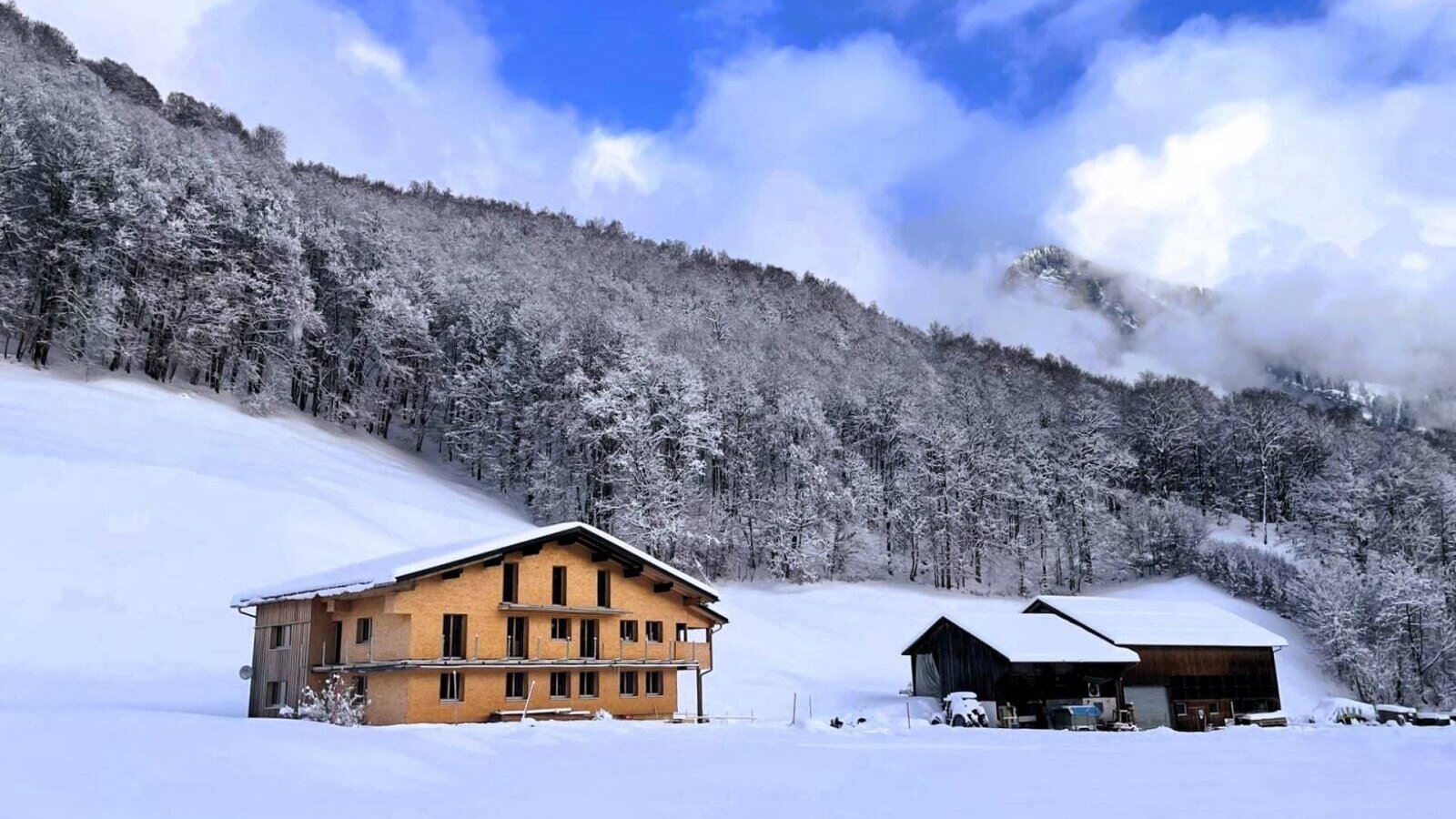Der Ferienhof mit Holzfassade und Balkonen, eingebettet in eine schneebedeckte Winterlandschaft mit Wald und Bergen.