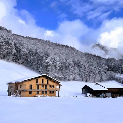 Der Ferienhof mit Holzfassade und Balkonen, eingebettet in eine schneebedeckte Winterlandschaft mit Wald und Bergen.