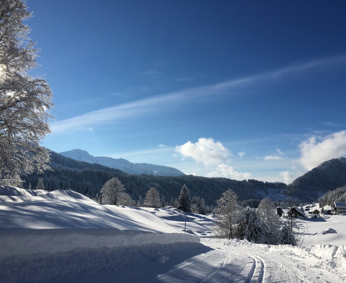 Winterlandschaft mit verschneiten Bergen und einer Loipe in der Umgebung des Bauernhofs.