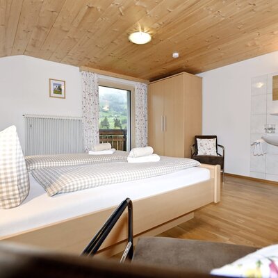 Doppelbettzimmer mit Waschtisch und eine Balkontüre mit Blick auf die Natur