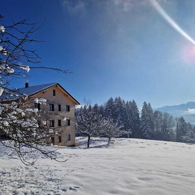Der Bauernhof in einer verschneiten Winterlandschaft mit Bäumen und Bergen unter blauem Himmel.