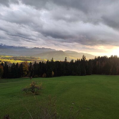 Weitblick in den von der Sonne erleuchteten Bregenzerwald und seine Berge.
