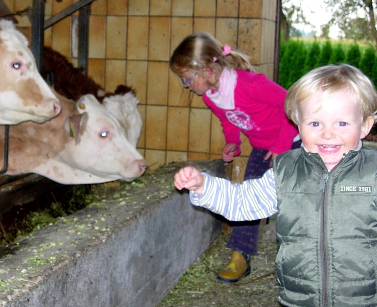 Kinder helfen beim Kälbchen füttern am Götschhof